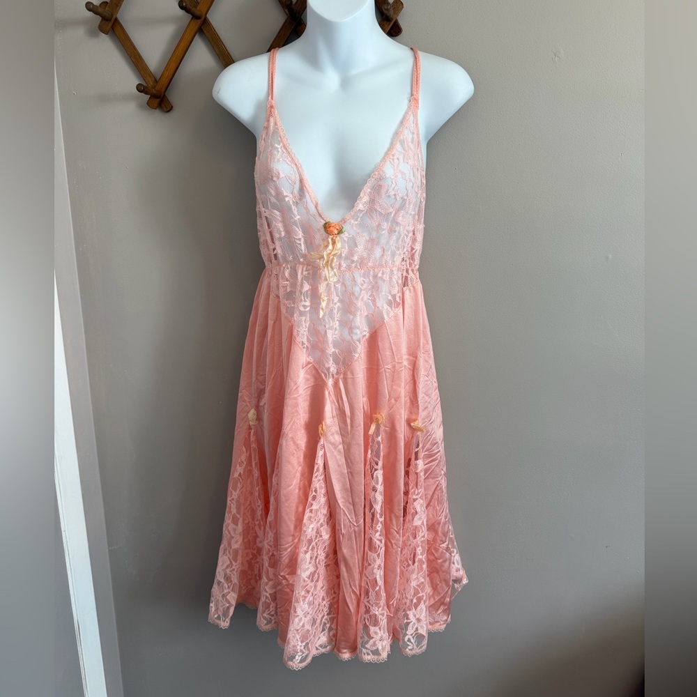 White Lingerie Vintage Pink Lace Ribbon Slip Dress Medium